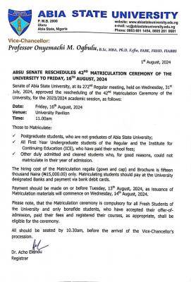 ABSU Reschedules 42nd Matriculation Ceremony: New Date and Details