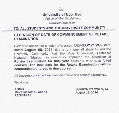 UNIUYO Extends Retake Exam Deadline for Final Year Students