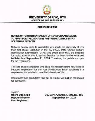 UNIUYO Extends Post UTME/DE Registration Deadline for 2024/2025: Apply Now!