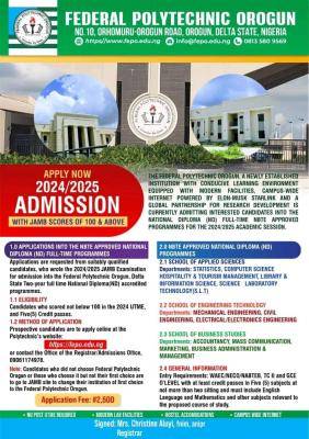 Federal Polytechnic Orogun Admission Form 2024/2025: Apply Now!